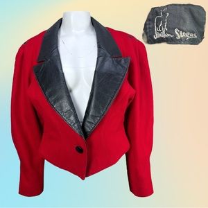 VTG 80's Red Wool & Black Leather Jonathan Stevens Crop Puff Sleeve Jacket Sz S